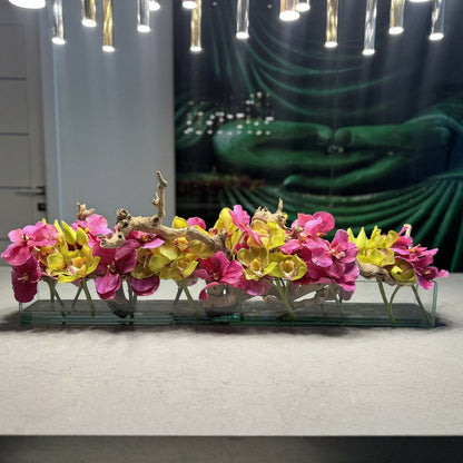 Modern House Glass Vase with Pink Vanda Orchids and Green Cymbidiums