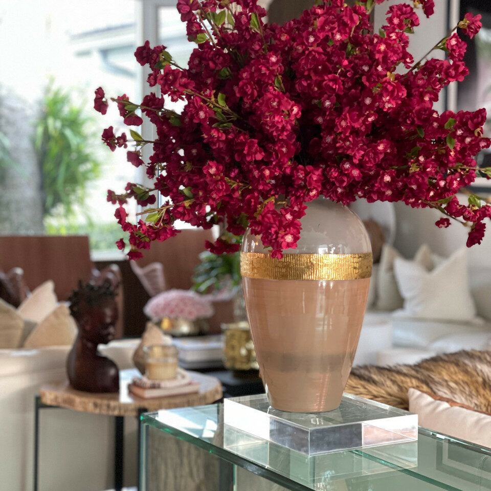 "Goddess" vase with burgundy cherry blossoms