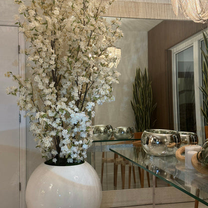 Glossy White Globe Vase with White Cherry Blossom Branches – 185 cm
